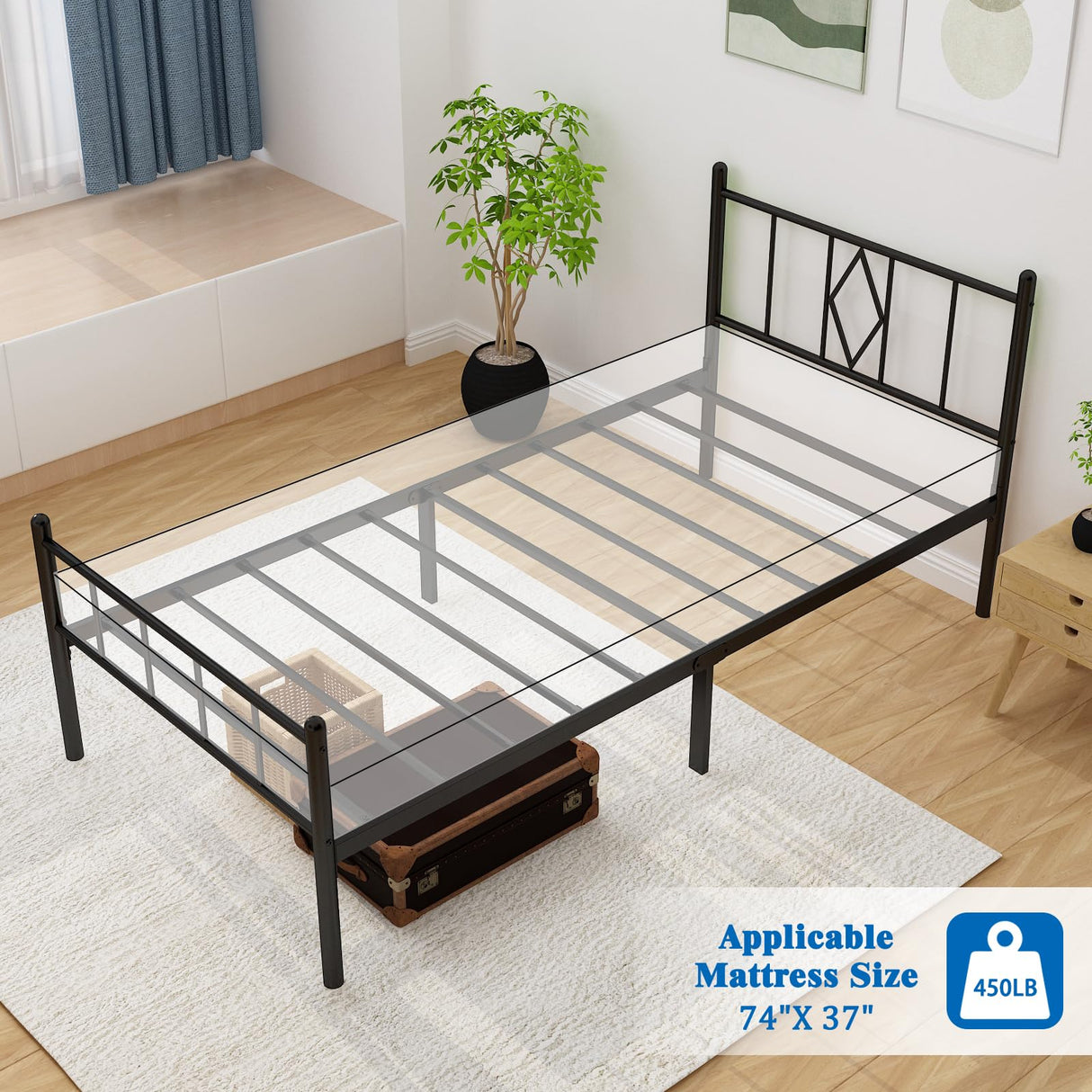 Casaflair Twin Size 14" Height Classic Metal Platform Bed Frame Foundation with Iron-Art Headboard/Footboard/Under Bed Storage/No Box Spring Needed/Heavy Duty Metal Slats Support/Black