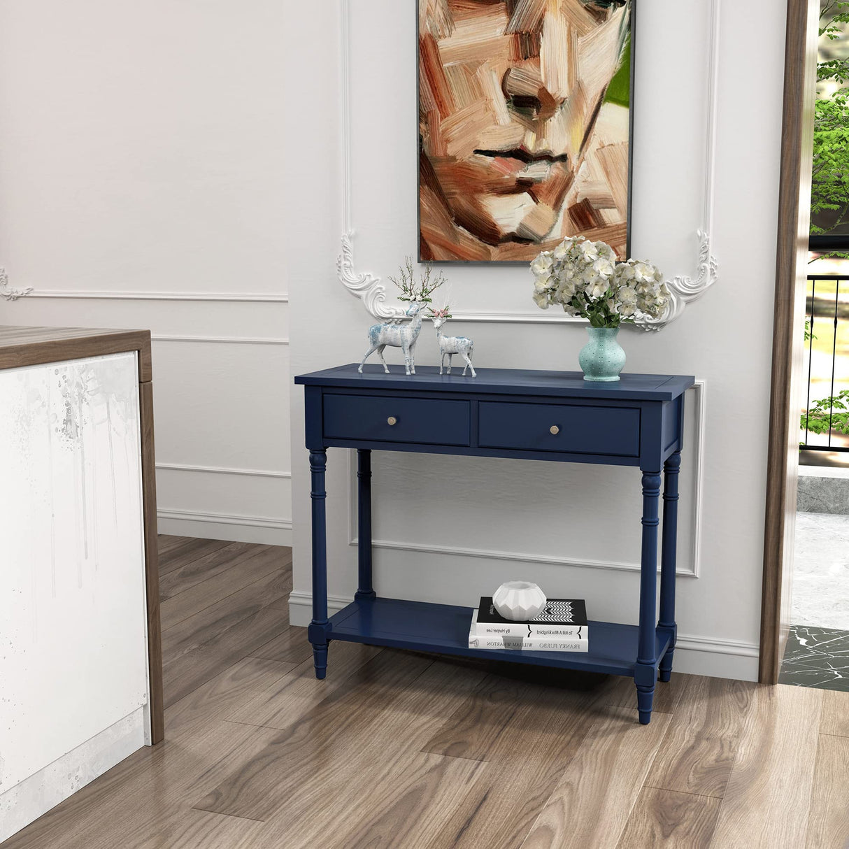 Solid Wood Console Entry Table with 2 Drawers, Accent Sofa Table with Storage Shelf