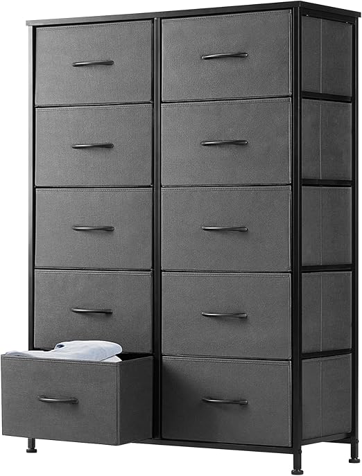 Dresser for Bedroom Storage Tower, Chest Fabric Bins Sturdy Metal Frame Wood Tabletop