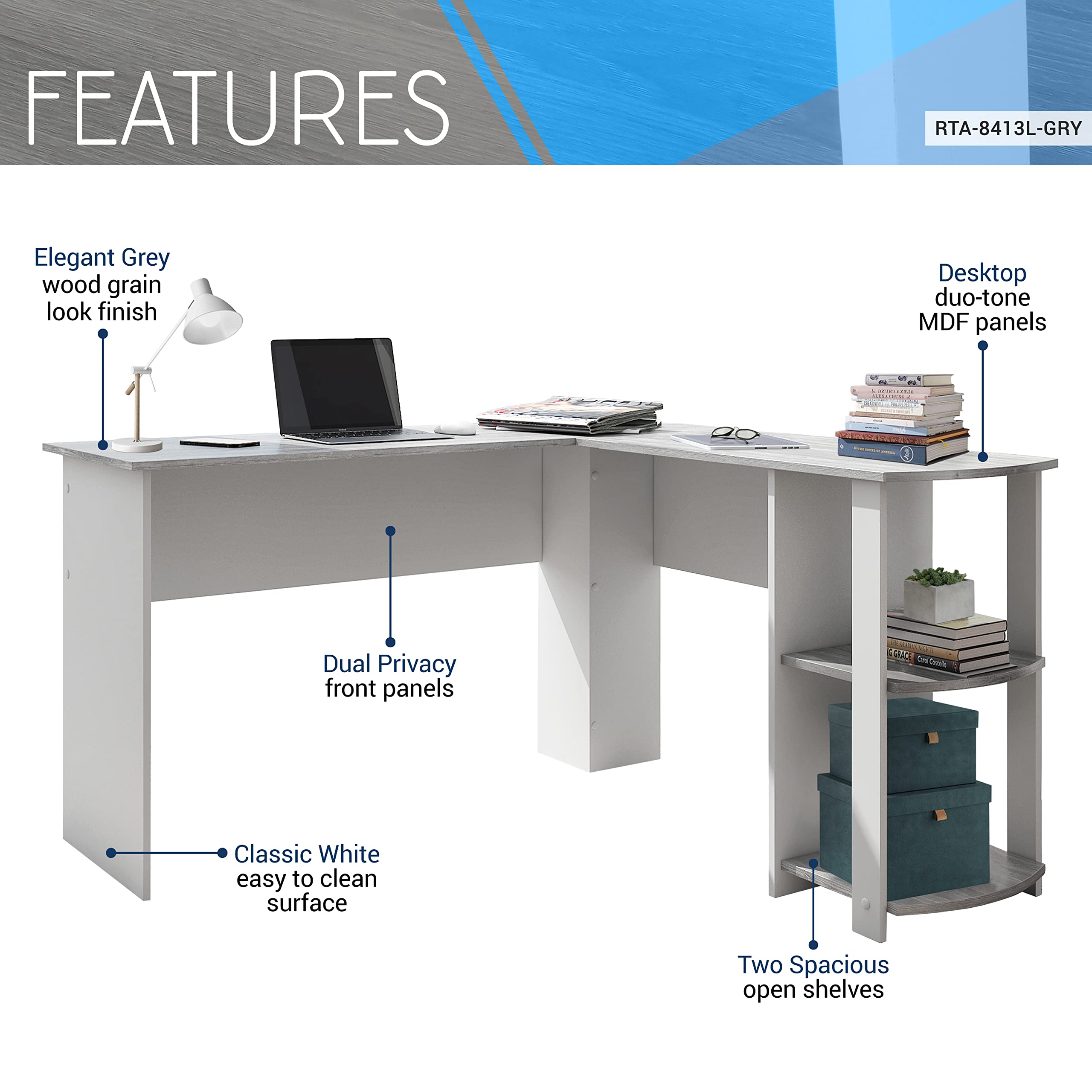 L Shaped Desk - Modern Computer Desk with Corner Bookshelf & Side Storage Shelves