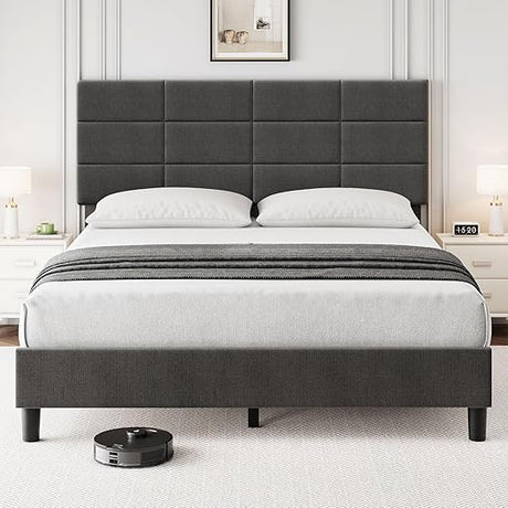 King Size Bed Frame with Headboard, Linen Upholstered King Bed Frame, Sturdy Metal