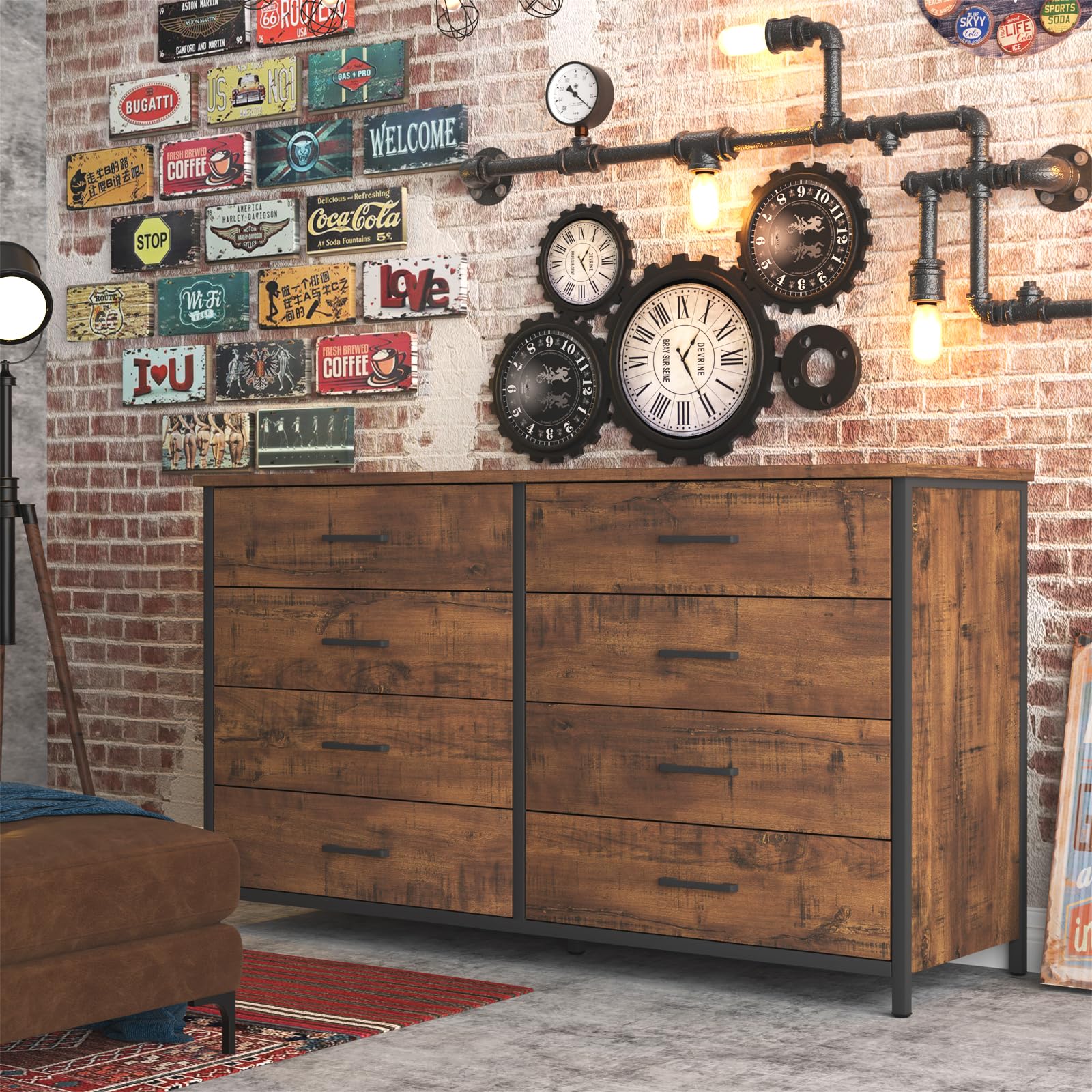 8 Drawer Double Dresser, 55 inch Industrial Wood Storage Dressers & Chests of Drawers
