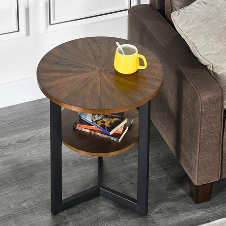 Round End Table with Storage, Solid Wood Sofa Side Table with Metal Frame