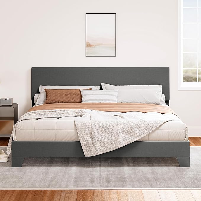 Upholstered Queen Size Bed Frame with Adjustable Headboard