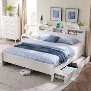 Fluted Queen Bed Frame with Bookcase Headboard & Charging Station