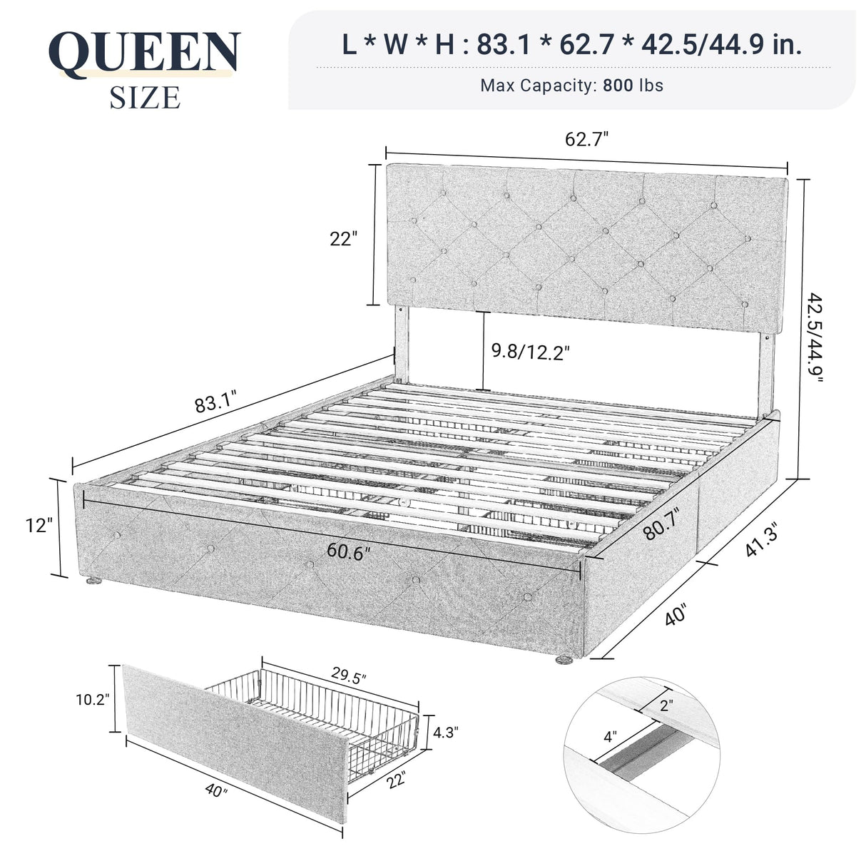 Upholstered Queen Size Platform Bed Frame with 4 Storage Drawers and Headboard