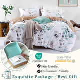 MILDLY 100% Long-Staple Cotton Duvet Cover Set, Gradient Teal Leaves Pattern Bedding Set 3pcs, Ultra Soft Breathable Chic Comforter Cover
