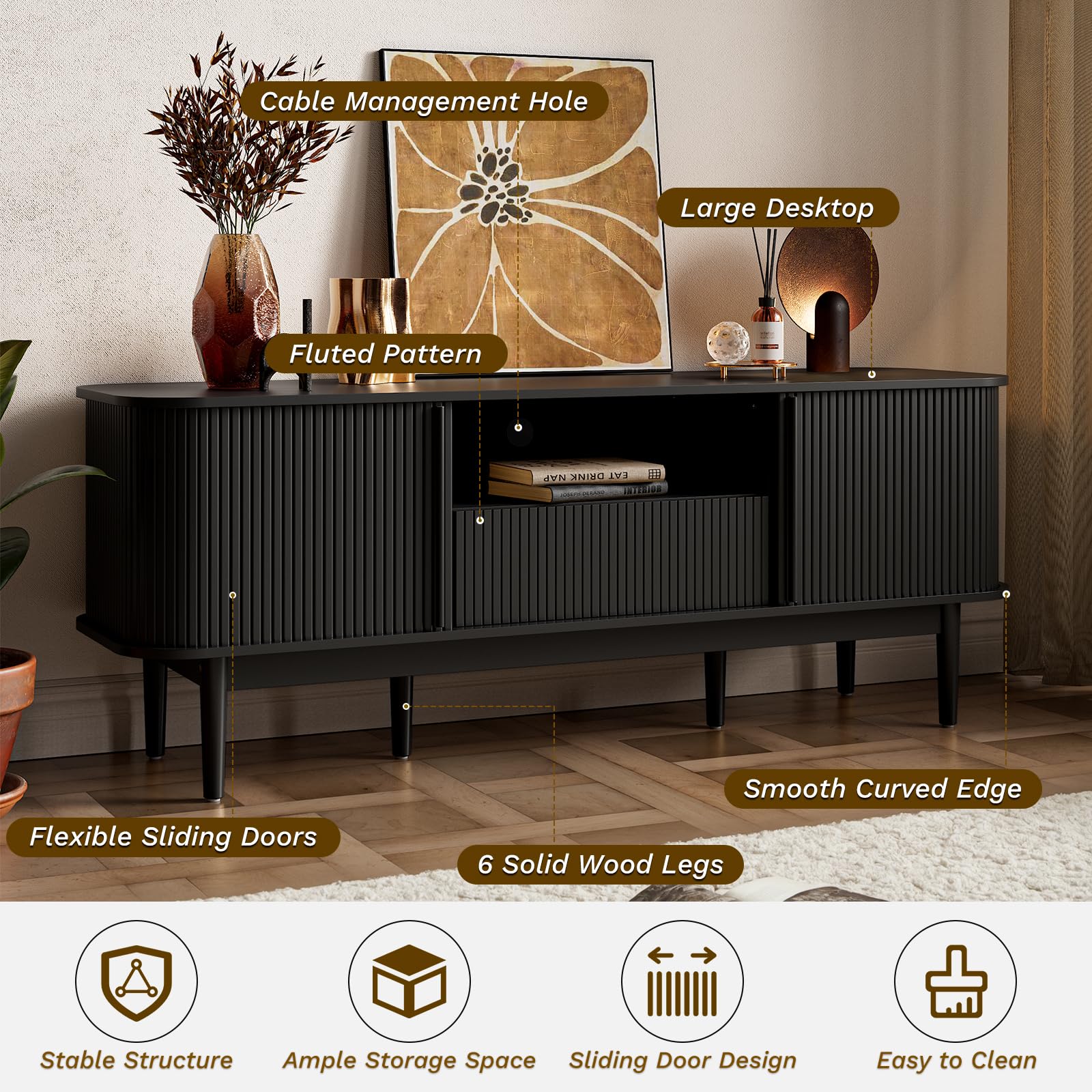 63" Black Fluted TV Stand for TVs up to 70"