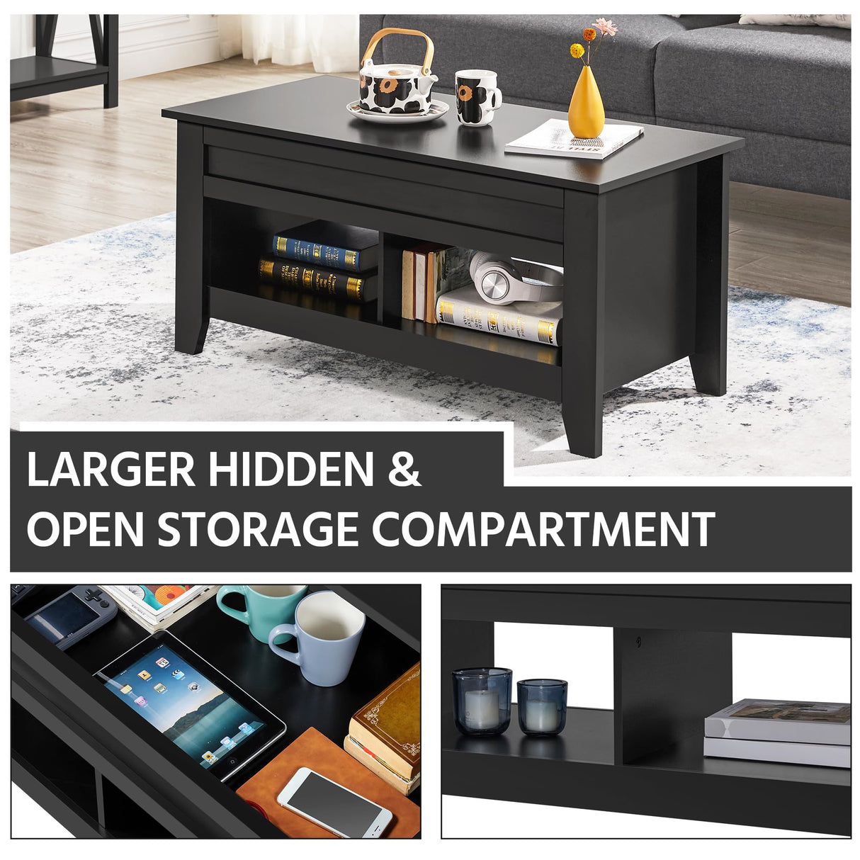 Black Wood Coffee Table Lift Up Coffee Table w/Hidden Storage & 2 Open Shelves