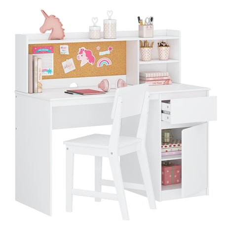 Study Desk with Chair, Kids Desk and Chair Sets with Hutch and Storage Cabinet, Wooden Children Study Table, Student Writing Desk Computer Workstation for 5-12 Years Old