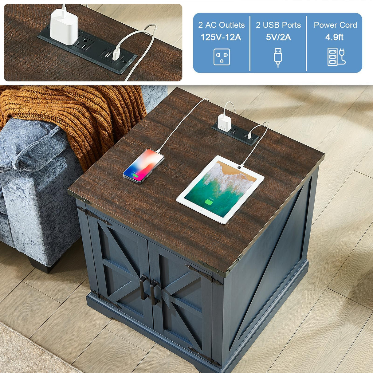 Farmhouse End Table with Charging Station,24" Large Sofa Side Table