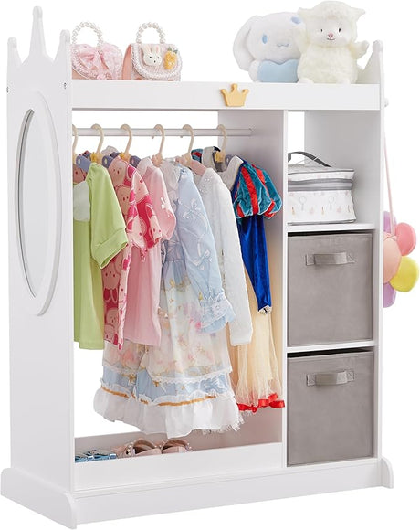 Kids Dress up Storage with Mirror, 2 Storage Bins & Cloth Hanger, Kids Play Armoire Dresser Pretend Storage Closet for Bedroom