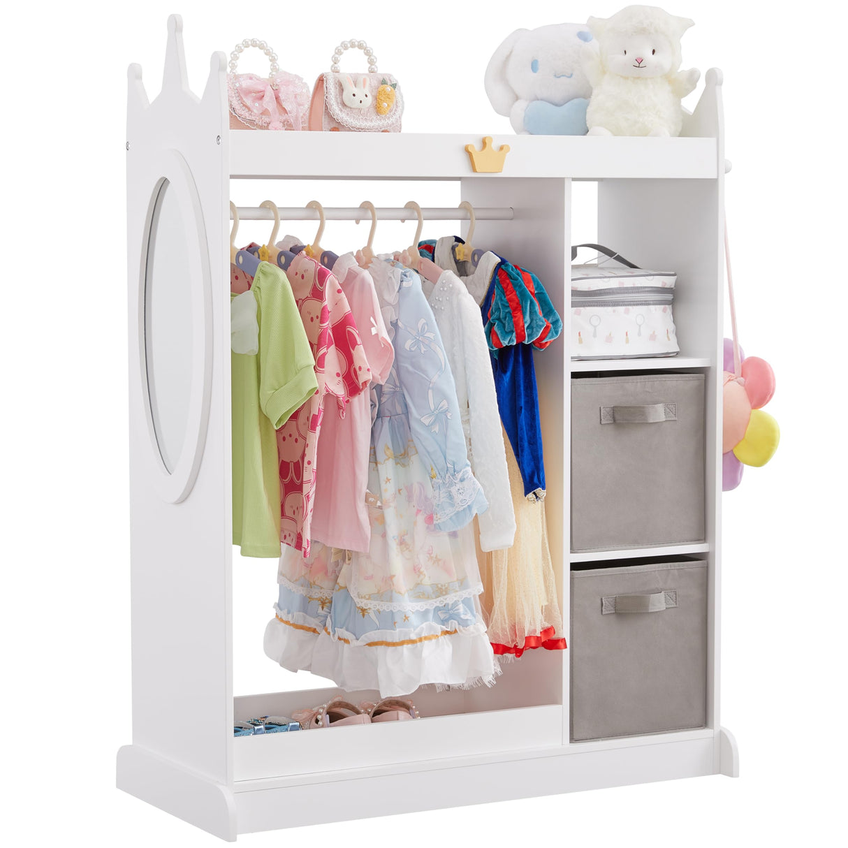 Kids Dress up Storage with Mirror, 2 Storage Bins & Cloth Hanger, Kids Play Armoire Dresser Pretend Storage Closet for Bedroom