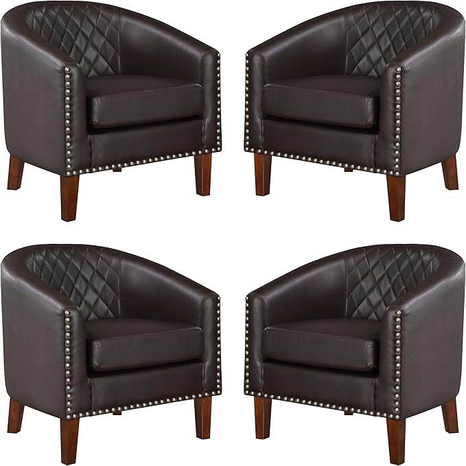 Comfy Barrel Accent Chair Set of 2 - Faux Leather Living Room Chair Club Chair