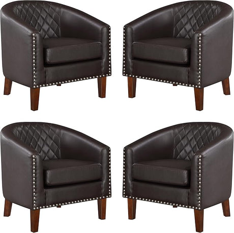 Comfy Barrel Accent Chair Set of 2 - Faux Leather Living Room Chair Club Chair