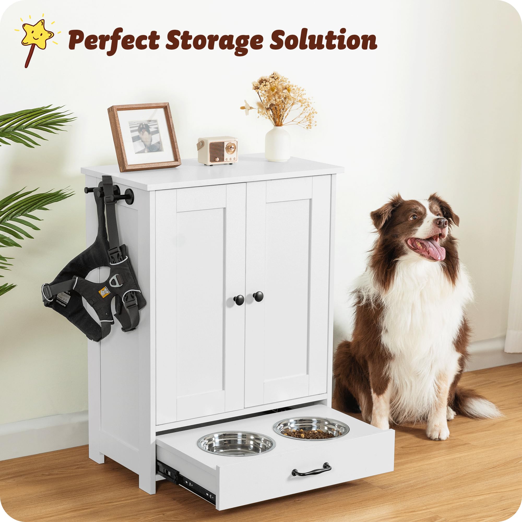 Dog Feeding Station with Storage Cabinet and 2 Elevated Bowls