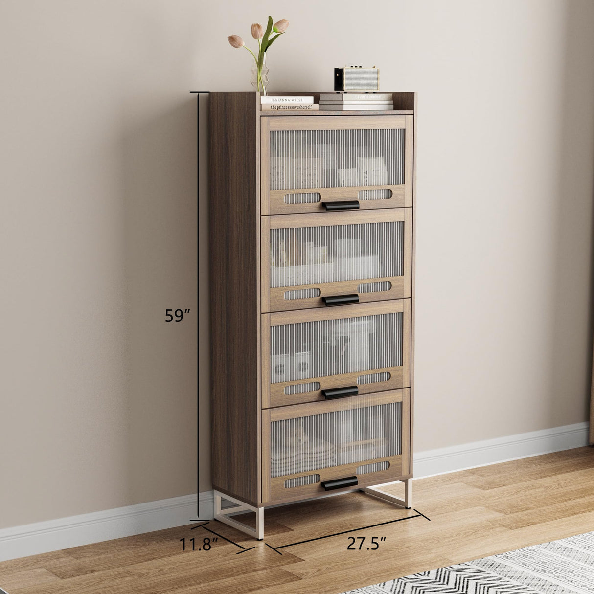 Wooden Storage Cabinet with 4 Drawers, Freestanding Bathroom Cabinets with Acrylic