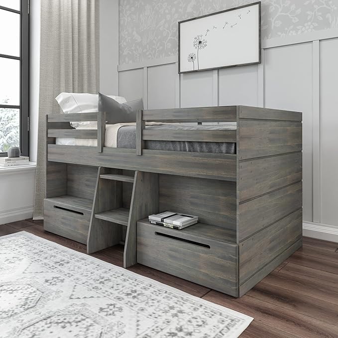 Bed Twin Size, Solid Wood Low Loft Bed with Storage Drawer and Ladder