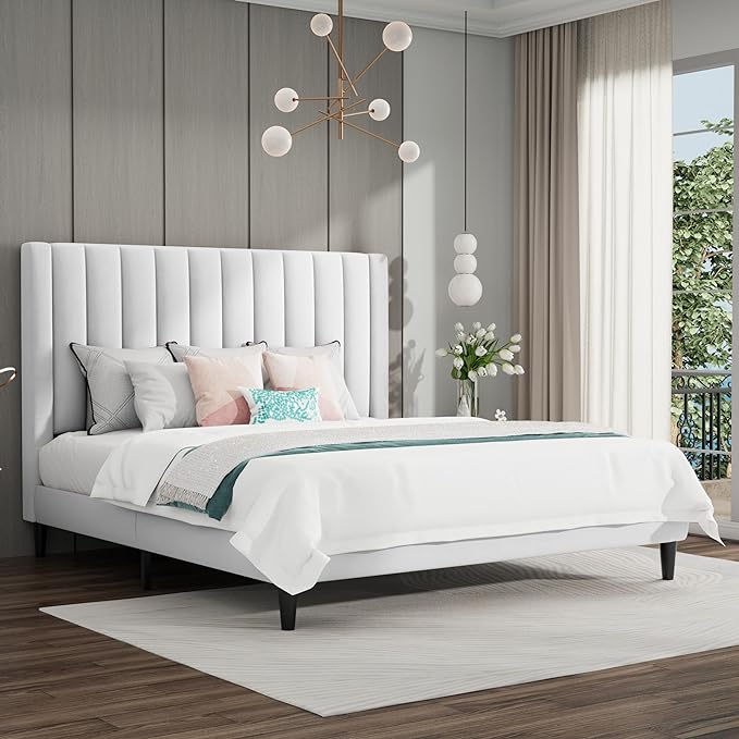 Queen Bed Frame/Velvet Upholstered Platform Bed Frame with Headboard/Strong Wood Slats Support