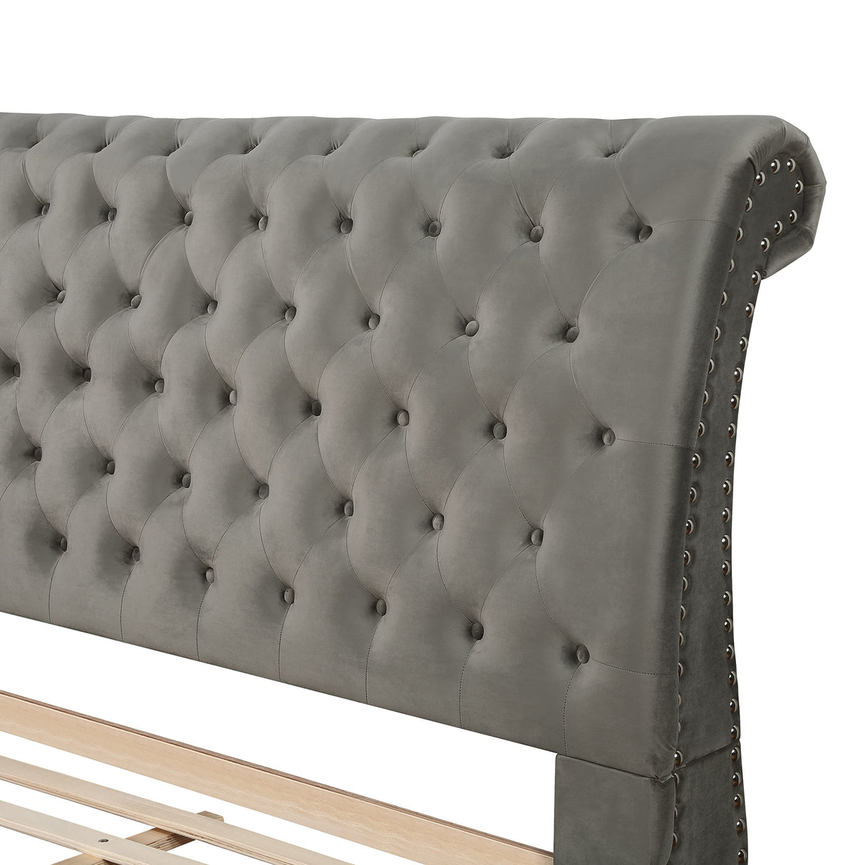 Cerderia Velvet Upholstered Button Tufted Nailhead Trim Sleigh Bed, King, Gray