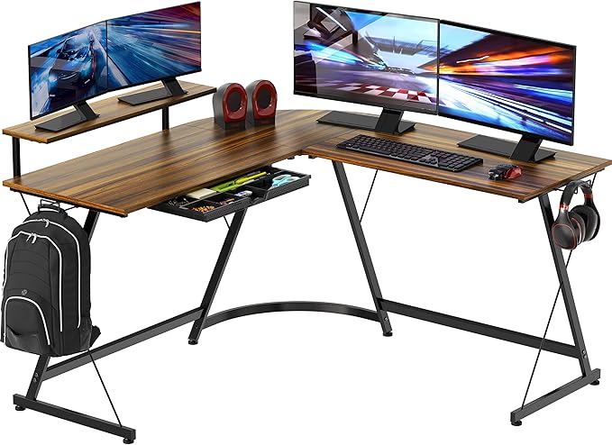 Vista L-Shape Desk with Monitor Stand, Black