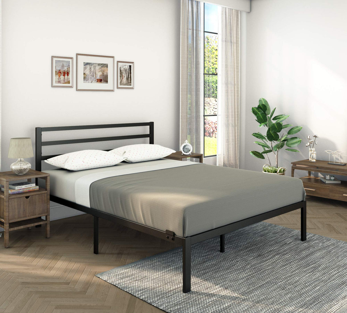 CastleBeds Modern Queen Size Black Iron Bed Frame with Headboard Footboard Wrought