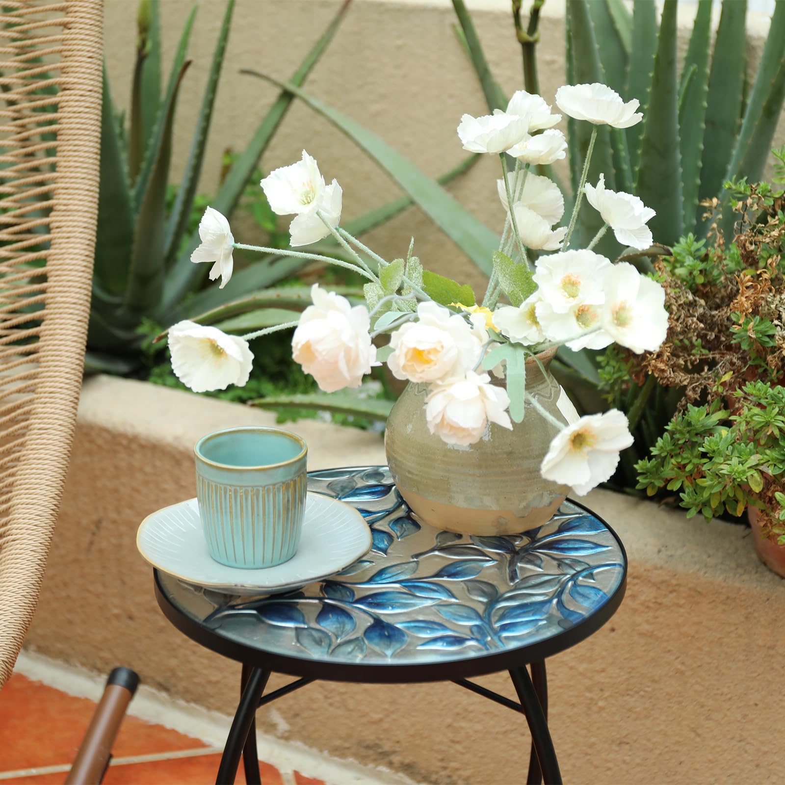 MUMTOP Side Patio Tables - Mosaic Outdoor Side Table - 14’’ Blue and Transparency Leaf Glass Accent Round EndTable, Plant Stand Indoor Small CoffeeTable for Garden or Living Room Decor - Bircata