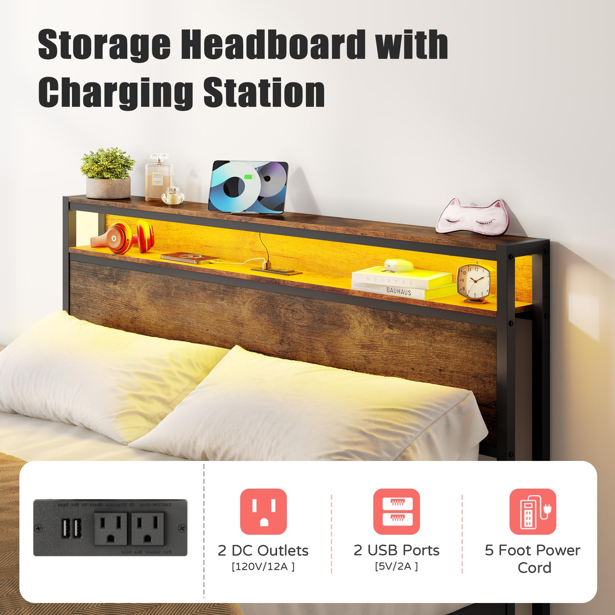 FAVOOSTY Full Bed Frame with 2-Tier Storage Headboard, Metal Platform Bed Frame with Charging Station & LED Light, Noise-Free/Metal Support/No Box Spring Needed, Easy Assembly, Vintage Brown