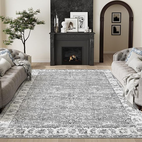 Rug 9x12 Washable Living Room Rug - Taupe Floral Print Vintage Large Rug Indoor