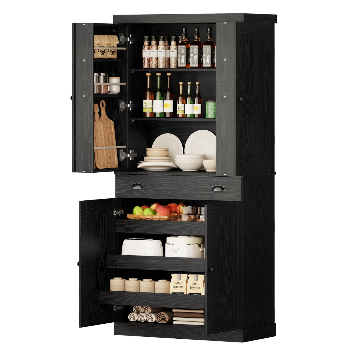 IRONCK Kitchen Pantry Cabinet 72" Height, Freestanding Cupboard with Drawer, Sliding Storage Rack, and 6 Hanging Shelves for Dining Room, Laundry, Living Room, Black