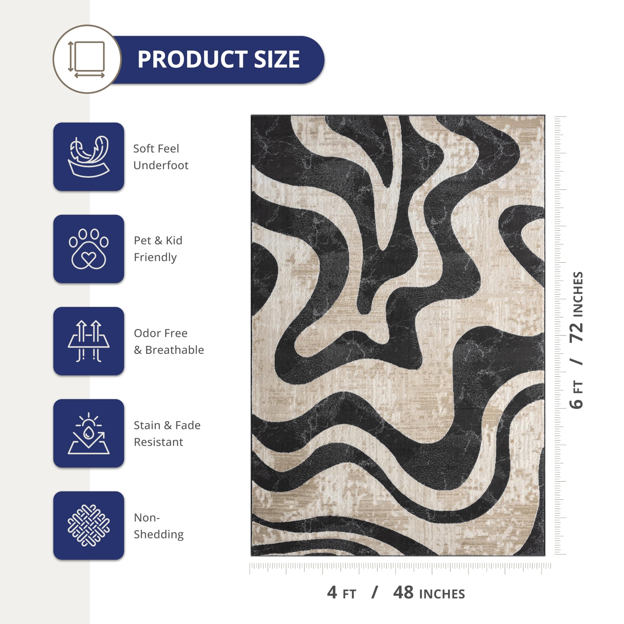Beige Black Swirl Modern Area Rug – 4' x 6' – Contemporary Abstract Design – Terra Collection – Non-Shedding, Fade-Resistant, Easy to Clean – Durable for High Traffic Areas – Living Room & Bedroom