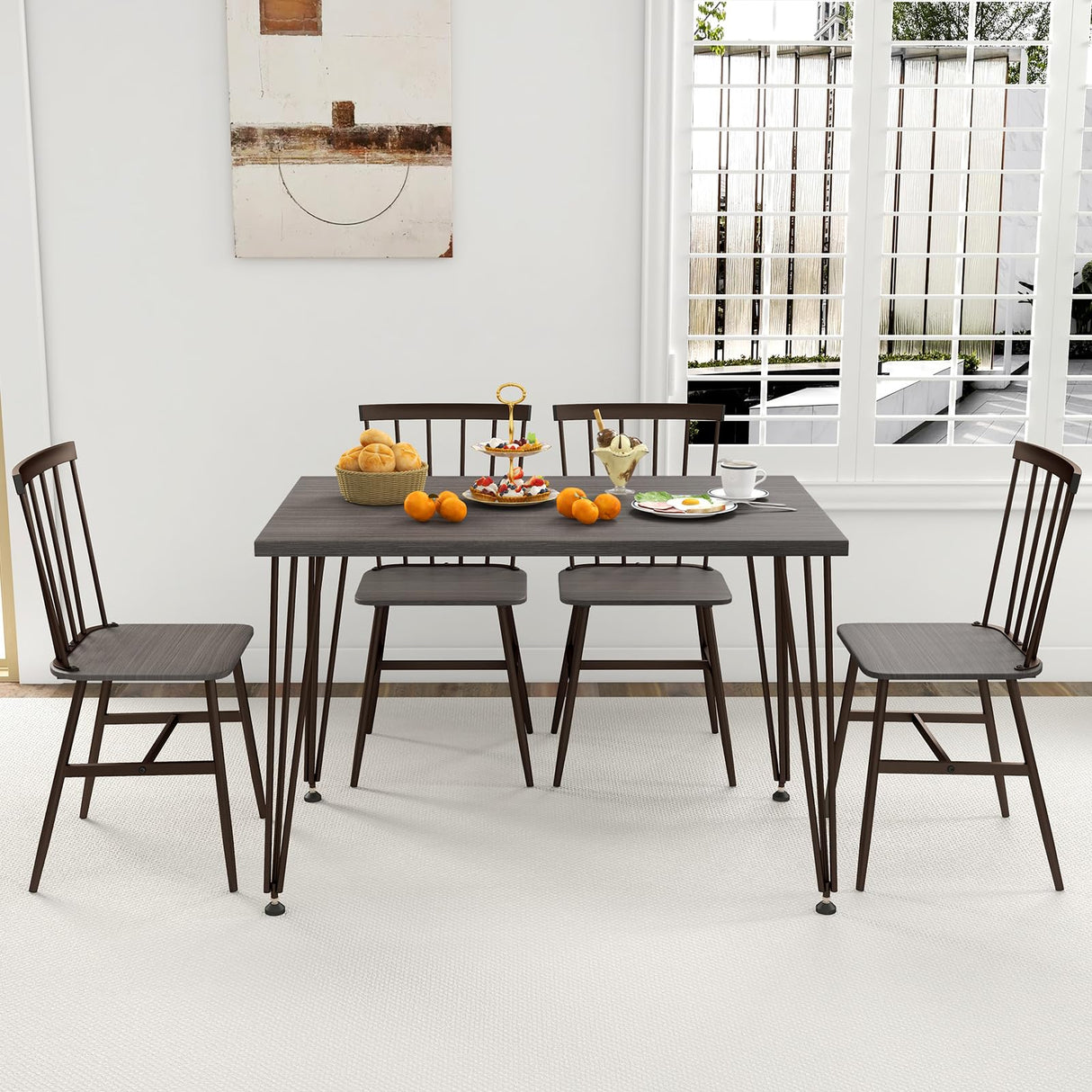 Tangkula Dining Table Set for 4, Kitchen Table and Chairs Set of 4 w/Metal Frame, 360° Swivel Feet, Space-Saving Dinette Table Set for Living Room, Restaurant, Breakfast Nook (Grey Oak)