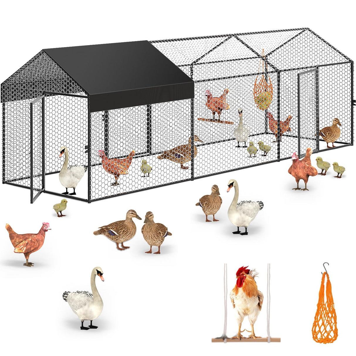 Large Metal Chicken Coop Chicken Run with Cover 120"×40"×40" Portable Poultry Cage