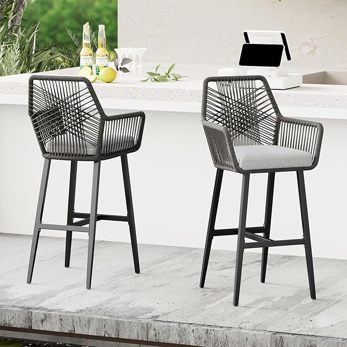 28'' Outdoor Counter Height Bar Stools Set of 2, Rattan Bar stools Boho Woven Patio
