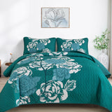 Quilt Set Queen Size, 3 Pieces Teal Floral Bedspread Coverlet Set