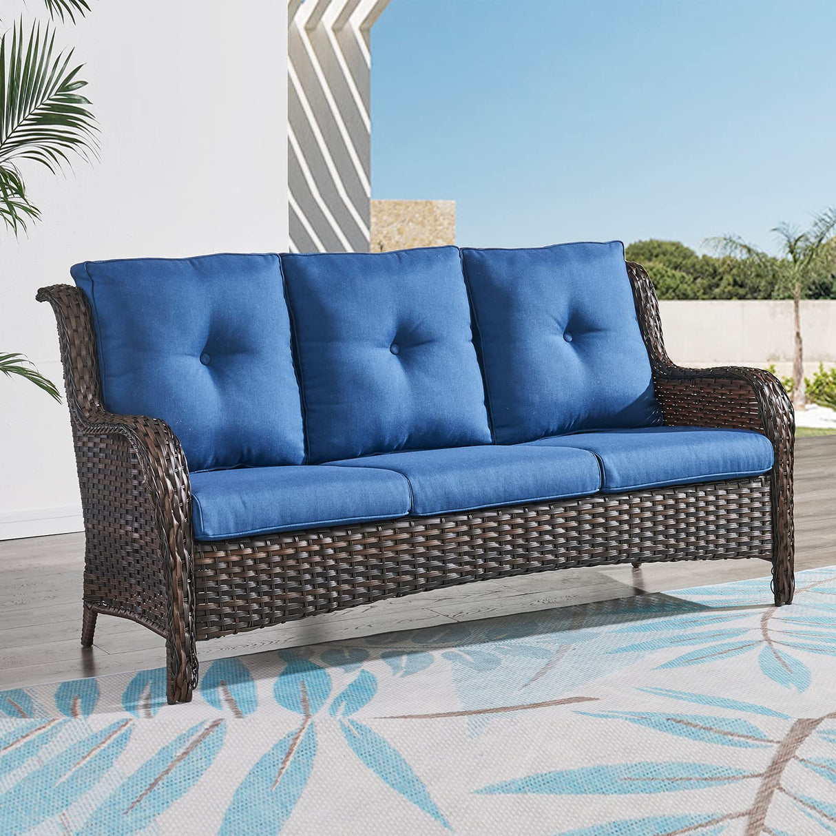 Outdoor Couch Wicker Patio Sofa - 3-Seater Rattan Patio Furniture Conversation Sofas