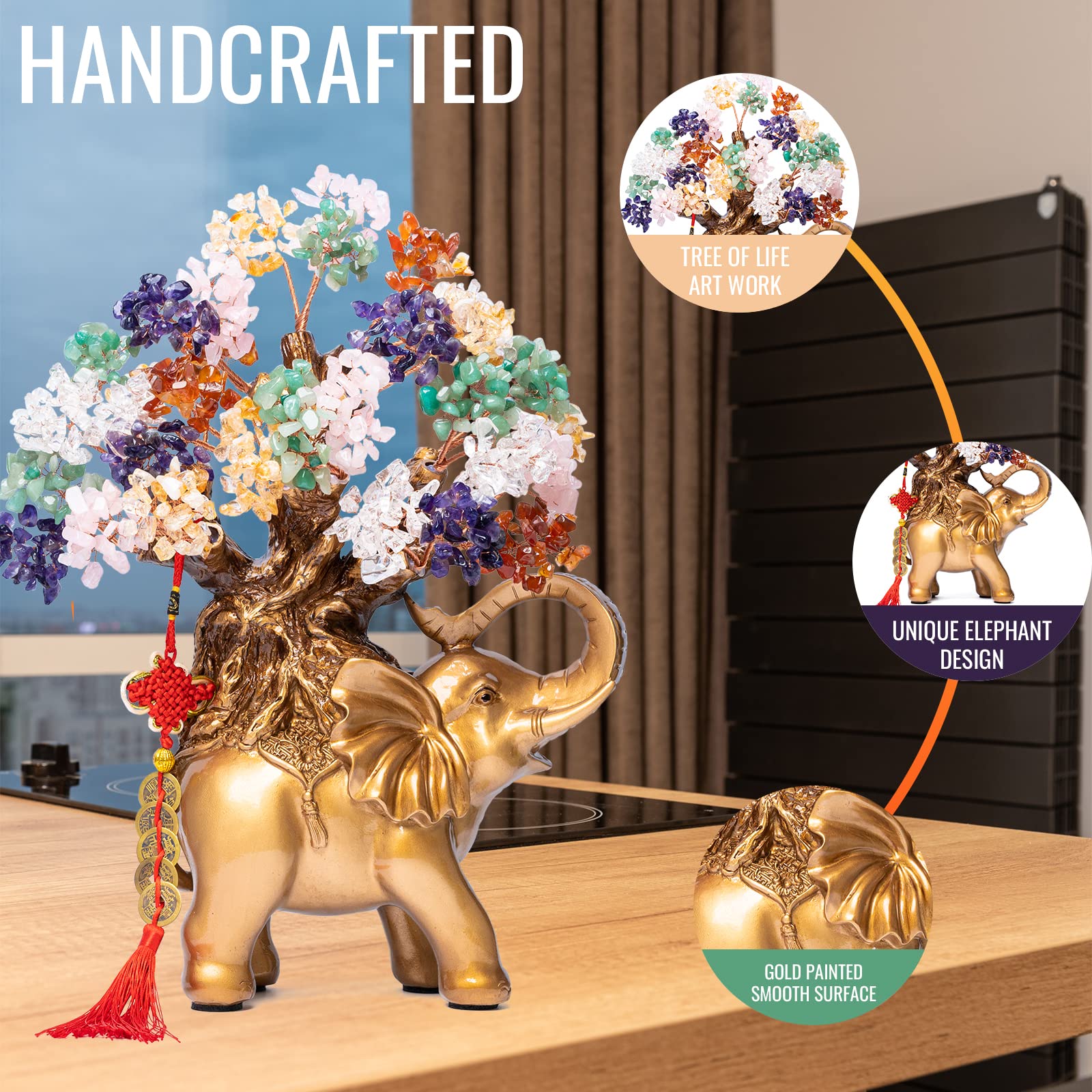 7 Chakra Crystal Money Tree on Gold Elephant Statue, 17”Large Gemstone Bonsai Tree