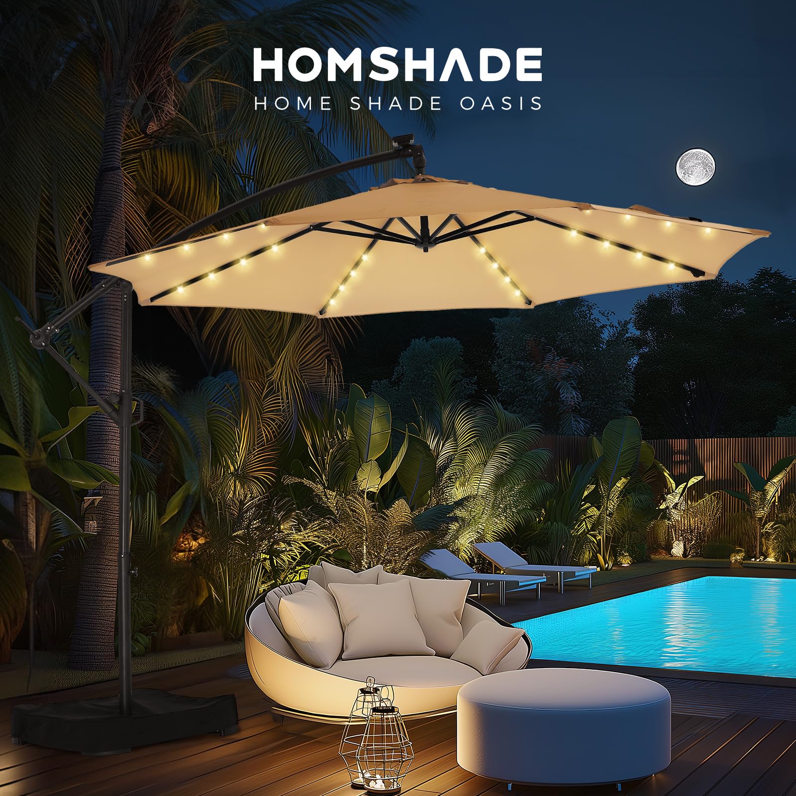 10ft Solar Lights Offset Cantilever Patio Umbrella - w/Light and Base