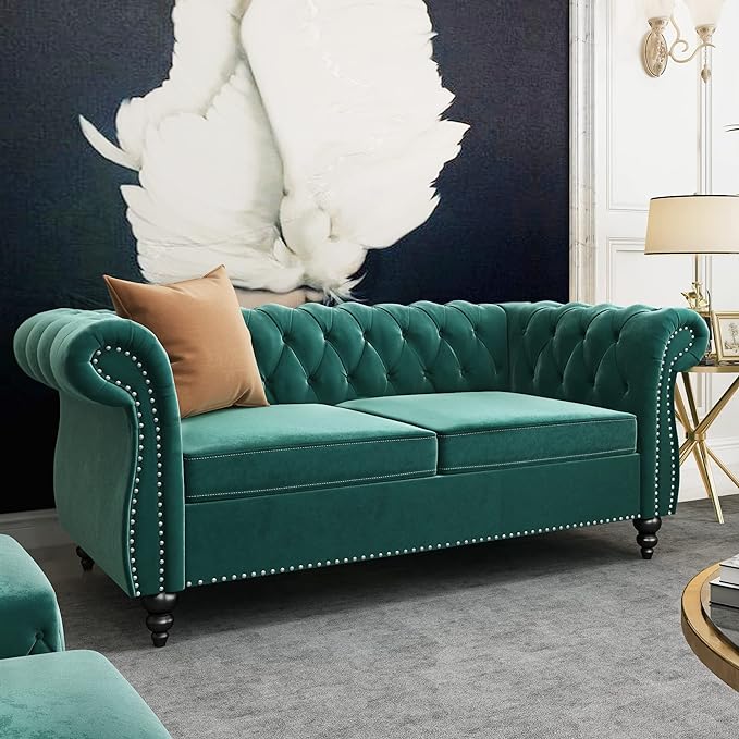 Chesterfield Classic Sofa, Modern Velvet 3 Seater Sofa, Upholstered Tufted Back Settee