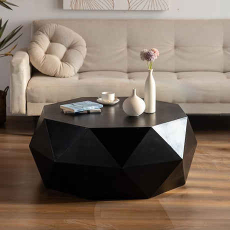 38" Vintage Round Wood Coffee Table with Three-Dimensional Relief Design