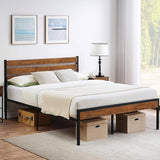Size Bed Frame with Headboard Footboard, Rustic Brown Wood Farmhouse Metal Platform