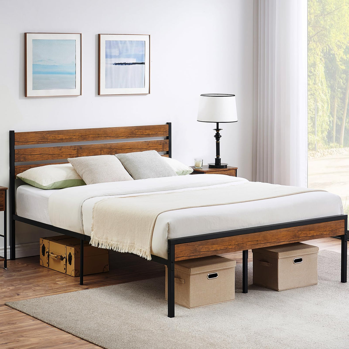 Size Bed Frame with Headboard Footboard, Rustic Brown Wood Farmhouse Metal Platform