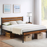 Size Bed Frame with Headboard Footboard, Rustic Brown Wood Farmhouse Metal Platform