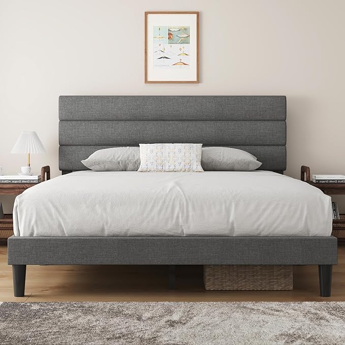 Queen Bed Frame Upholstered Queen Bed Frame Platform with Headboard Linen Fabric Headboard Wooden Slats Support,