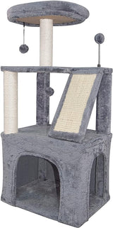 Three Layer Cat Tree with Cat Condo and Two Hammocks,Grey