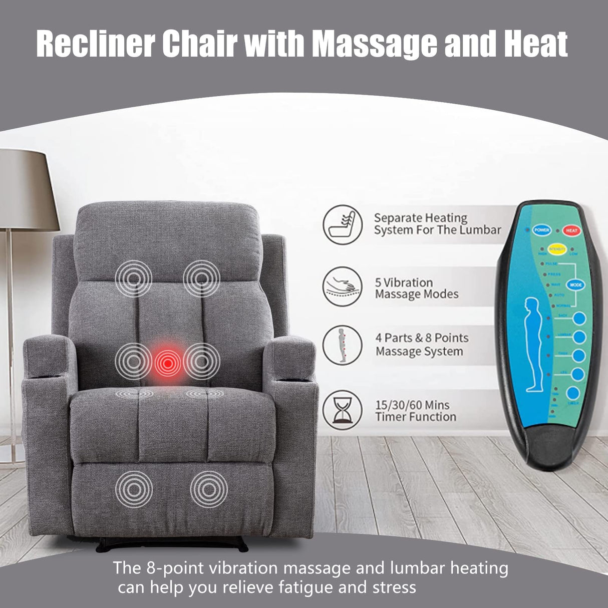 Home Manual Massage Recliner Chairs with Heat for Living Room, Overstuffed Breathable