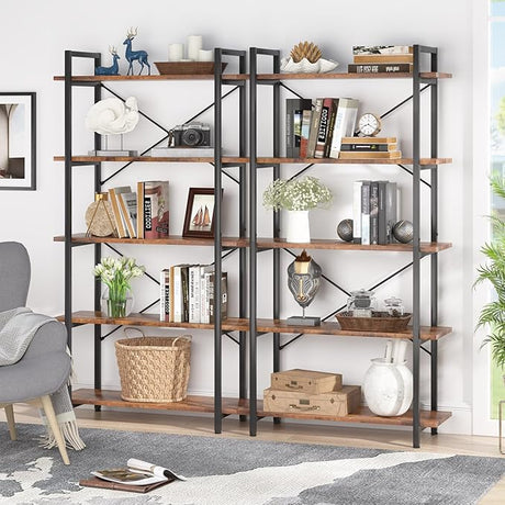 5 Tier Bookshelf, Industrial Etagere Bookcase with Metal Frame, Rustic Tall Book Shelf