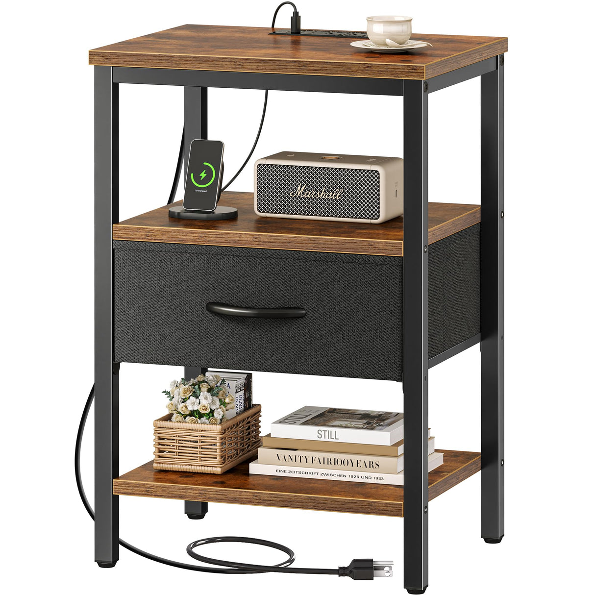 SUPERJARE Nightstand with Charging Station, Bed Side Table with Adjustable Fabric Drawer, Night Stand for Bedroom, 3-Tier Storage End Table, for Living Room, Rustic Brown and Black