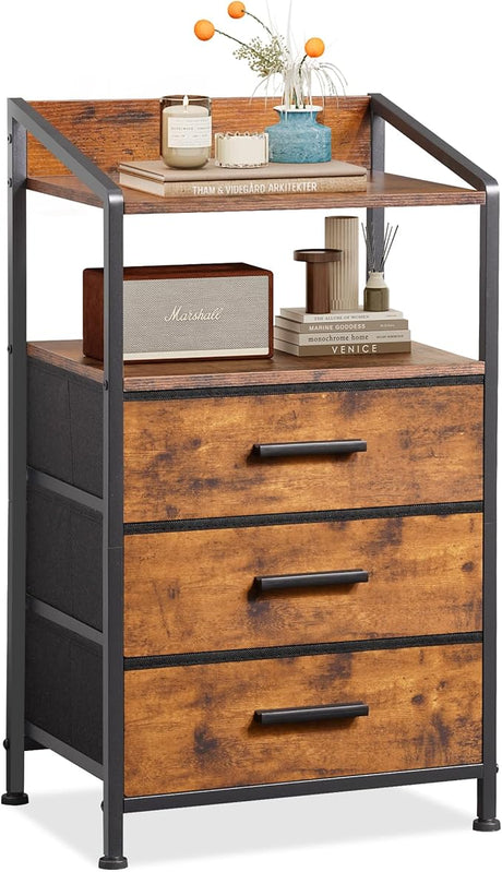 Nightstand 3 Drawer Dresser, Vertical Side Table with Fabric Drawers, End Table