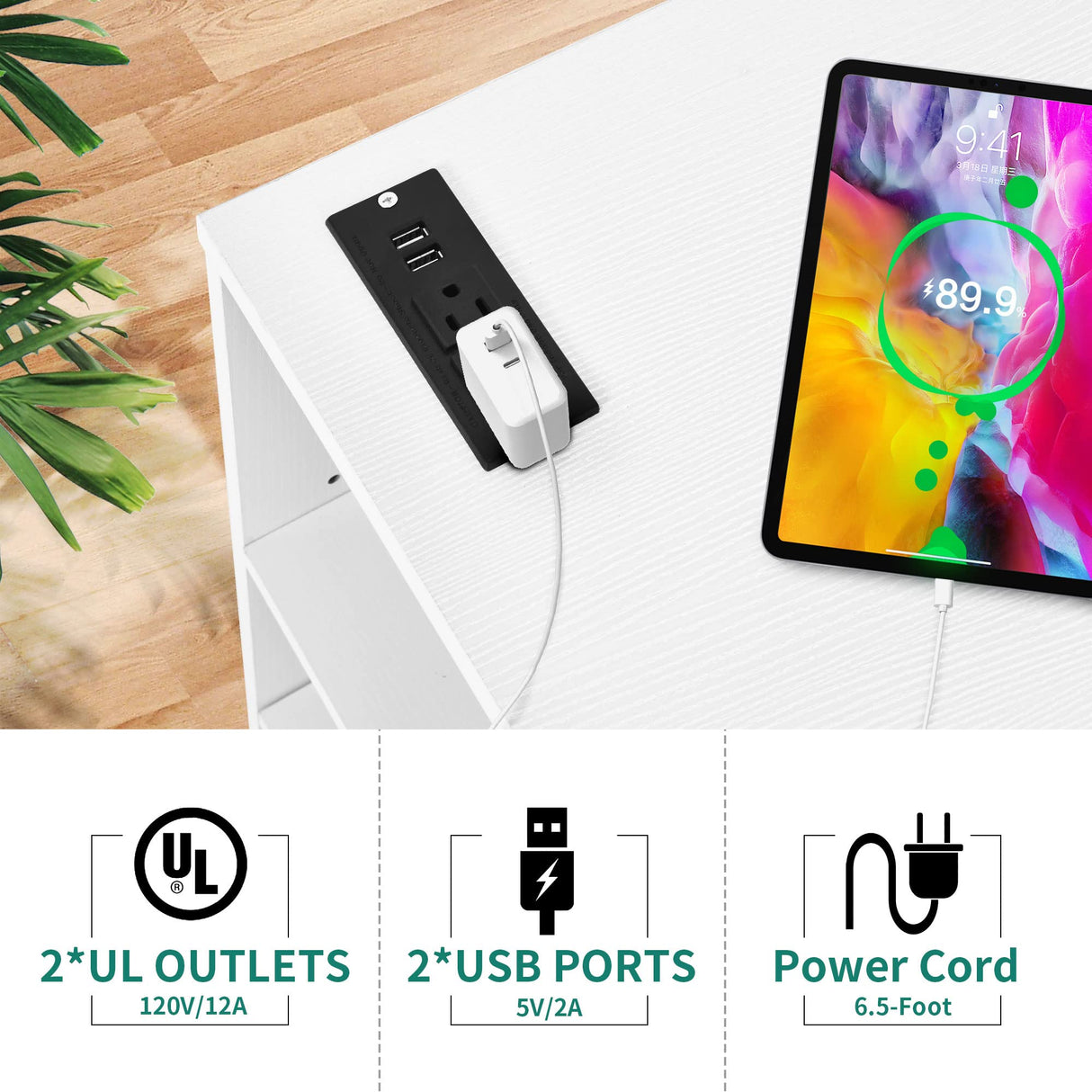 File Cabinet with Charging Station, Mobile Lateral Filing Cabinet with Lock